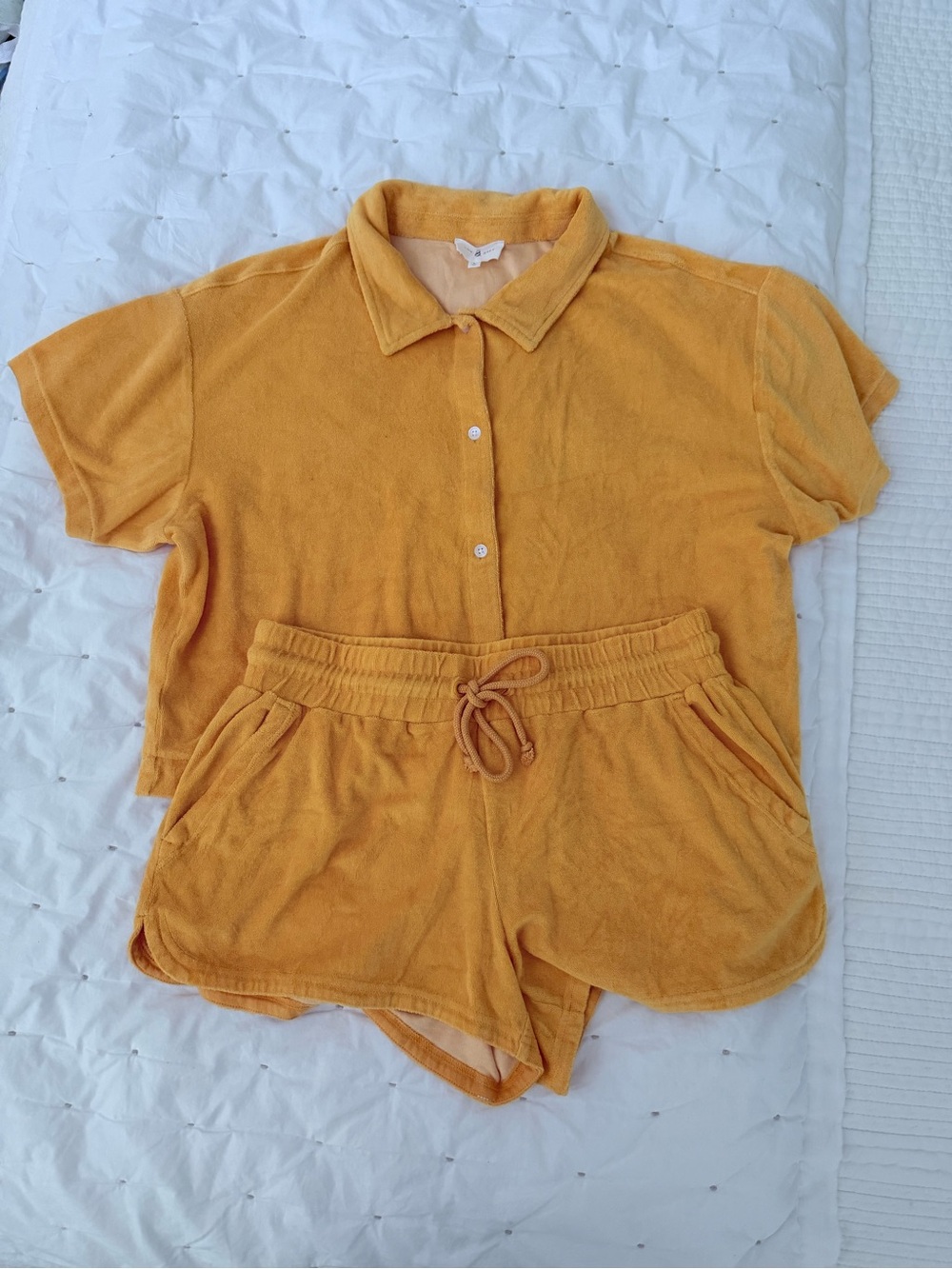 Lou & Grey Golden Yellow Terry Short Set Short Button Down Top | top L shorts M